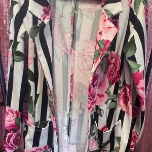 LuLaRoe Black and White Striped Blazer with Pink Floral